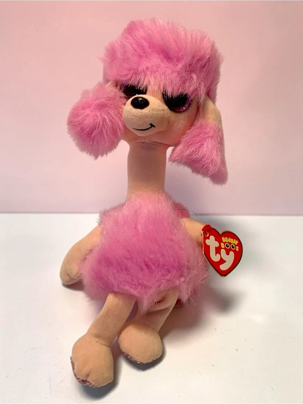 Ty Pink Plush Poodle Beanie Buddy with Fluffy Trim